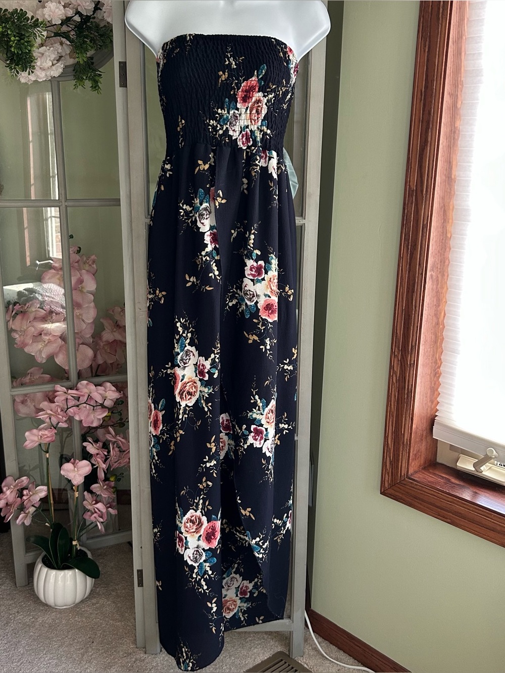 Strapless Navy Floral Maxi Dress with Shirred Bodice High Slit Size S